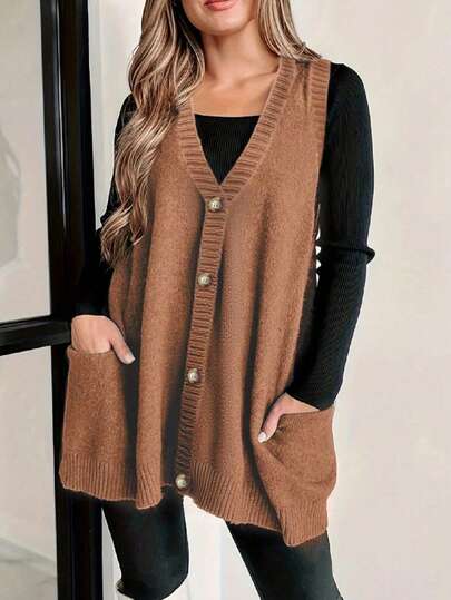 Plus Size Fall And Winter Plus Size Fashion Leisure Solid Color V-Neck Single-Button Pocket Design Cardigan Mid-Length Style Sweater Vest Suitable For Outdoor Travel Play Photo Wearing Brunch Outfits For Women