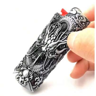 1个复古金属龙纹压花打火机套，适用于BIC J6全尺寸打火机 - 时尚耐用防爆金属打火机盒，防风简约复古耐用