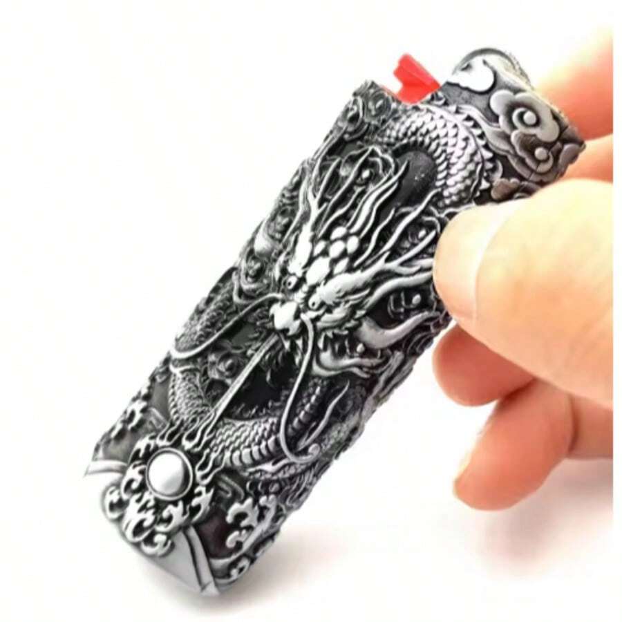 1个复古金属龙纹压花打火机套，适用于BIC J6全尺寸打火机 - 时尚耐用防爆金属打火机盒，防风简约复古耐用 - 彩色 - 查看 1