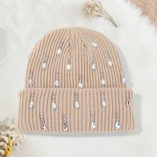 Knit Rhinestone Embellished Hat For Women, Winter Warm Beanies Cap For Outdoor Shopping, Dating, Ski - Màu Khaki - Xem 3