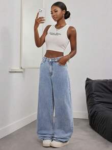 Summer Outfit ‌For Women Elegant Denim Relaxed Loose-Fit Casual Light Blue Jeans Street-Style Resort & Everyday Wear Straight-Leg Long Pants