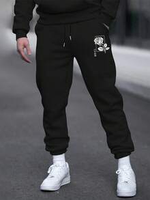 Printed Pattern Casual Sports Long Pants, Suitable For All Seasons, Loose And Well-Fitting, Suitable For Both Men And Women, Street Casual Wear, Comfortable, Jogging For Exercise, Commuting, Tapered Pants - 黑色 - 查看 1