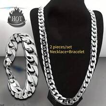 1 Set Necklace + Bracelet, Unisex Cuban Link Necklace And Bracelet Combo - Bold And Powerful Hip Hop Punk Rock NK Couple Jewelry - Silver - View 3
