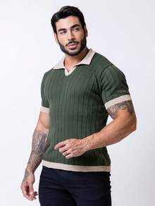 TRICOT DE LUXO Men's Lightweight Textured Polo Collar Knit T-Shirt, High Quality, Spring, Summer, Autumn, Premium Quality - xanh quân đội - Xem 2