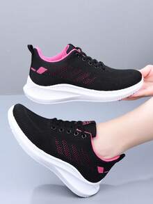 女士休闲运动鞋，轻便舒适的低帮步行鞋，圆头系带休闲跑鞋，网眼透气面料镂空轻便运动鞋