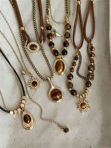 1pc Vintage Brown Stone Bead Pendant Necklace, Gold Plated Chain Layered Metal Necklace, Autumn/Winter Sweater Jewelry, Gift For Women - Multicolor - View 11