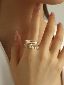 jealous young 1pc Glamorous Vintage Cross Water Drop Tassel Cubic Zirconia Wedding Rings,Shiny Multilayer Geometric Ring For Engagement Party ,Daily Accessories - Yellow Gold - View 2