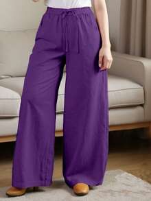 Women's Relaxed Wide Leg Cropped Pants With Pockets, Plus Size Cotton Linen Blend, Lightweight And Breathable, Loose Comfortable Fit, Multiple Color Options, Boho Inspired Style, Simple Versatile Design, Ideal For Everyday Wear, City Walks, Travel Vacations, Work Commute, Back To School Outfits, Casual Date Looks, And Valentine's Day Outfits - 紫色 - 查看 3