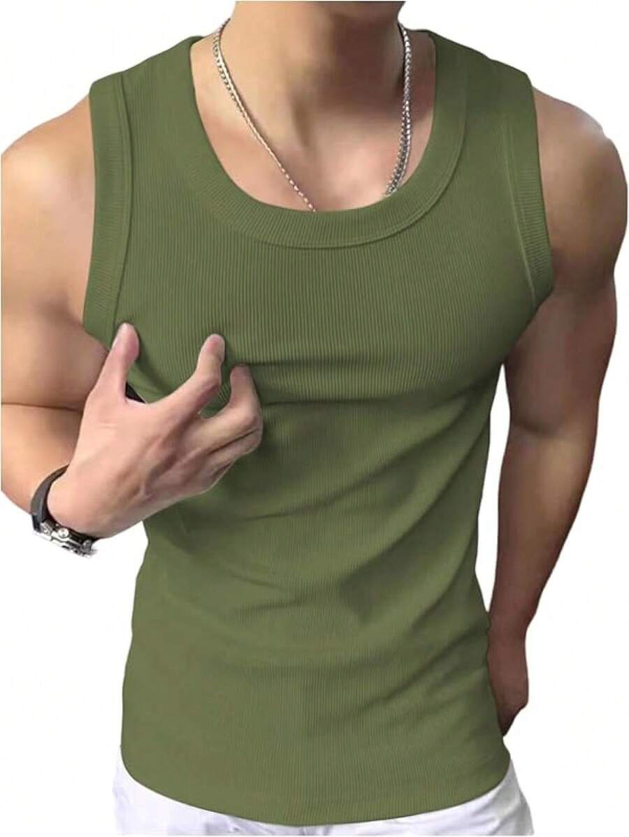 Men's Summer Tank Tops Sleeveless Undershirts Tank Basic Workout Gym Muscle Shirts-2025 - Army Green - View 1