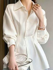 Women's Pleated Waist Shirt, Solid Color Button-Down Blouse With Notch Lapel And Front Buttons, Slim Fit Office & Lounge Top For Fall Winter Spring