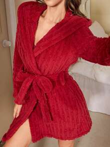 Áo choàng lông cừu trùm đầu có thắt lưng dành cho nữ, đồ mặc nhà dày ấm áp họa tiết sọc, mùa thu/đông, mềm mại, Giáng sinh, ấm áp - Đỏ - Xem 3