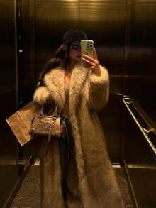 Manteau en fausse fourrure rayé bicolore de luxe pour femmes, automne/hiver - Nude - Voir 3