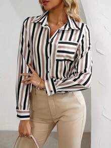 Plus Women's Striped Printed Flip Tie Button Shirt Top