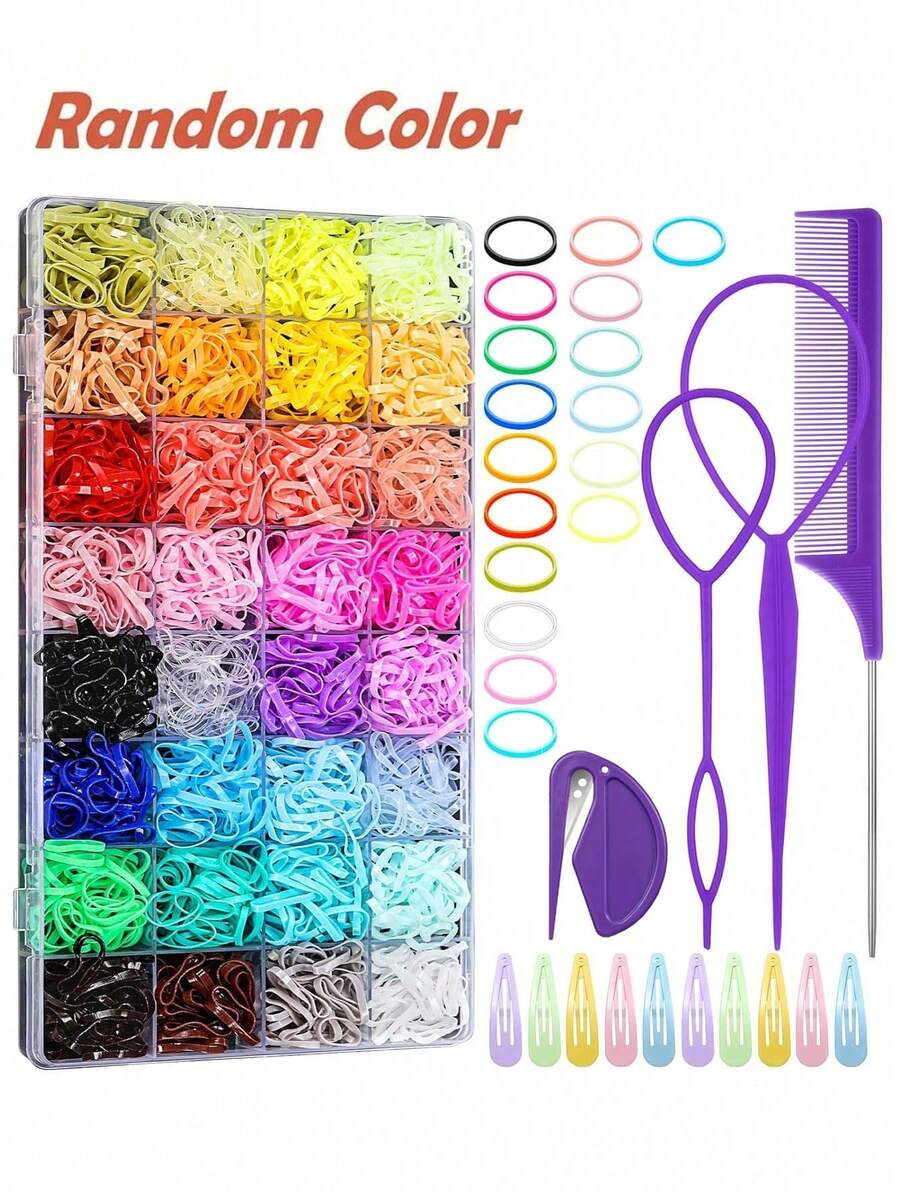 32 màu dây chun, 1700 chiếc dây buộc tóc co giãn màu ngẫu nhiên, bao gồm 4 dụng cụ tạo kiểu tóc và 10 kẹp tóc, phụ kiện tóc cho bé gái. - Nhiều màu - Xem 1