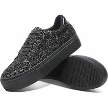 Jeekopeg Glitter Platform Sneakers Women Casual Sequin Sparkly Shoes Bling Thick Sole Walking Shoes Shiny Sequin Wedding Sneakers For Lady - 全黑閃光 - 查看 1