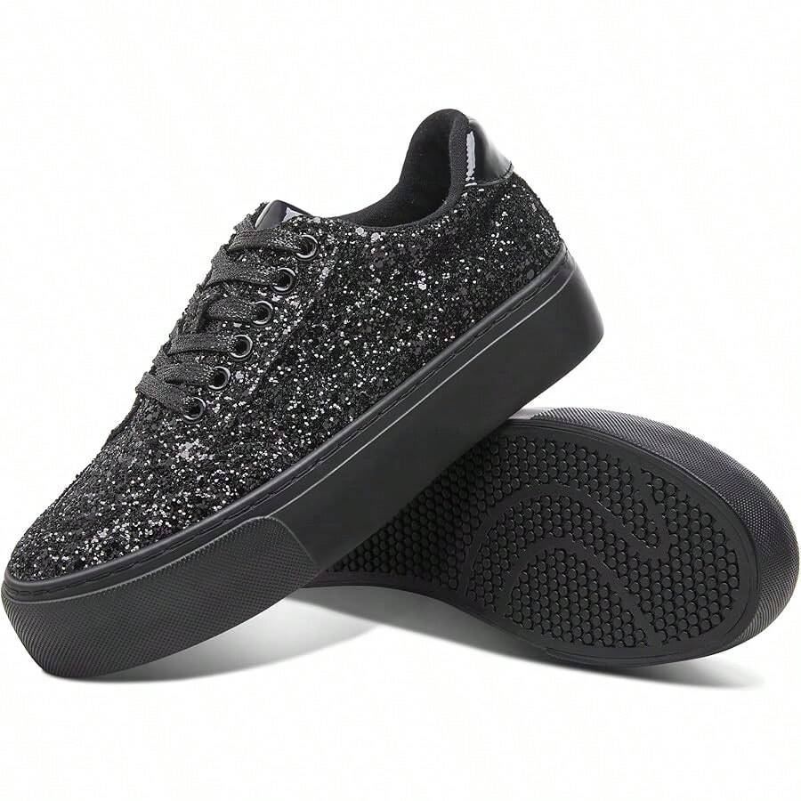 Jeekopeg Glitter Platform Sneakers Women Casual Sequin Sparkly Shoes Bling Thick Sole Walking Shoes Shiny Sequin Wedding Sneakers For Lady - 全黑閃光 - 查看 1