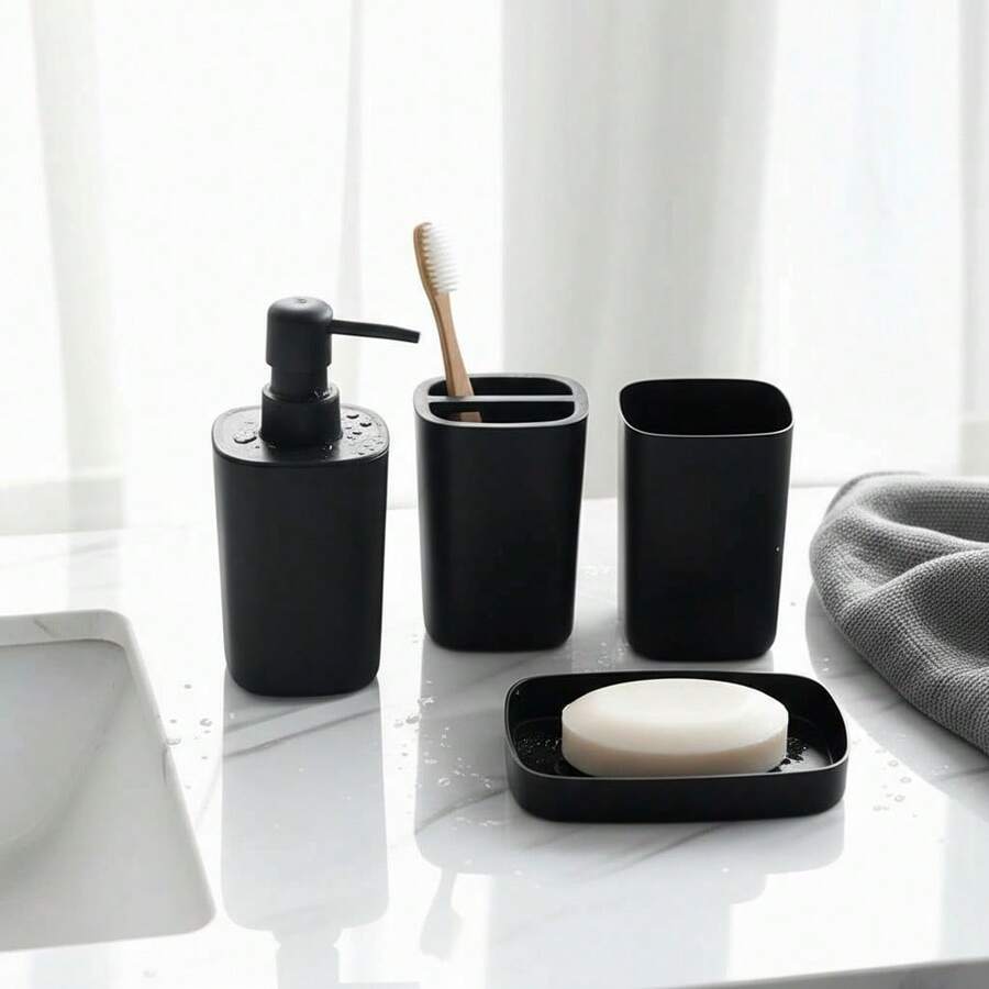 4pcs Bathroom Accessories Set, Including Soap Dispenser, Toothbrush Holder, Cotton Swab Holder, Complete Bathroom Accessories - Black - View 1