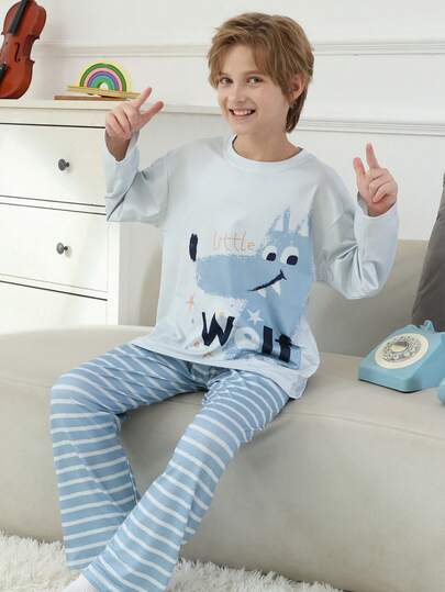 2pcs/Set Cartoon Flame Retardant Boys Sleepwear, Blue Striped Children Pajamas, Autumn/Winter