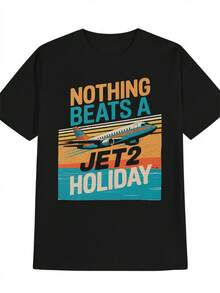 Camiseta gráfica de vacaciones y avión Jet2 para hombres - Impresión divertida con temática de aviación "Nada supera una vacación Jet2", camiseta casual de cuello redondo de verano con diseño de logo Jet2, atuendo casual cómodo y regalo de recuerdo de viaje para hombres, vibrante imagen de avión y marca Jet2, lavable a máquina, ajuste relajado para clima cálido - Negro - Ver 1