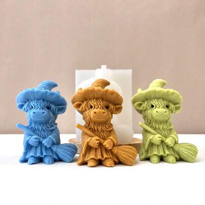 Novo molde criativo de silicone de vaca escocesa das Terras Altas para bruxa de Halloween, molde para presente de Halloween faça você mesmo, adequado para resina epóxi, velas perfumadas, gesso, cimento, argila de polímero e outros materiais para fazer acessórios de decoração de Halloween para casa, molde de silicone feito à mão, molde para fazer velas de resina, materiais de artesanato, molde 3D