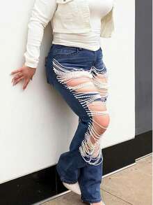 Ladies' Sexy And Personalized Denim Pants, Perforated, Pearl Decoration, Suitable For All Seasons, Tight And Elastic, Thanksgiving Outfit Women,Cocktail Party, Party, Christmas, Nightclub, Banquet, Film Festival, Cinema, Dance Party, Cocktail Party, Bar, Wedding, Graduation Ceremony, Back-To-School, Birthday Party, Rebellious Girl, Festival-Themed Party, Outwear, Street Fashion, Fashion Show, Date, Easter, Mother's Day, Going To Work At University, School, Village, Concert, Street Girl, Young Girl, Country Outfits For Women, Best Outwear For Women, Women's Vacation Clothing, Country Concert Outfit, Country Outfits For Women, Streetwear, Concert Outfit For Women, Boho Women's Clothing, Country Concert Outfit, Concert Outfits, Vaquera Outfit, Y2K Clothes, Women's Club Outfits, Y2K Women's Clothes, Women's Clothing, Country Concert Outfit For Women - Dark Blue - Xem 2