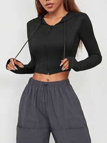 1pc Women's Lightweight Sporty Jacket, Short Zip-Up Outerwear, Fashion Streetwear, With Thumb Holes, Suitable For Gym, Outdoor, Casual Workout, Commuting, Autumn/Winter - Black - View 4