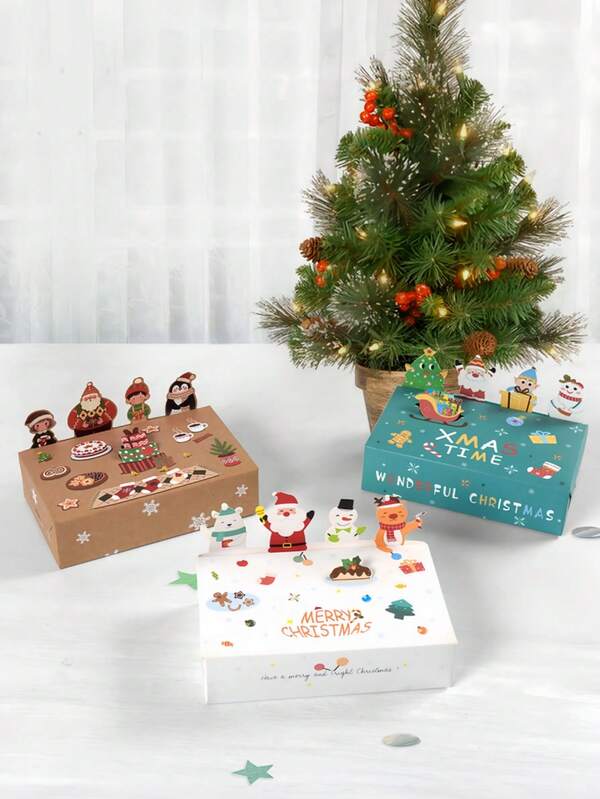 1/5/10/15 piezas Cajas de regalo cuadradas para fiestas de Navidad, Cajas de papel 3D de Papá Noel, árbol de Navidad, muñeco de nieve, rectangulares marrones, blancas, verdes, multiusos para pasteles, pollo frito, pizza, sándwiches, almacenamiento y empaque de frutas, adecuadas para picnics, campamentos, fiestas, cumpleaños, tiendas de pizza, tiendas de pollo frito, decoraciones navideñas, pijamas navideños, regalos de Navidad, decoración navideña