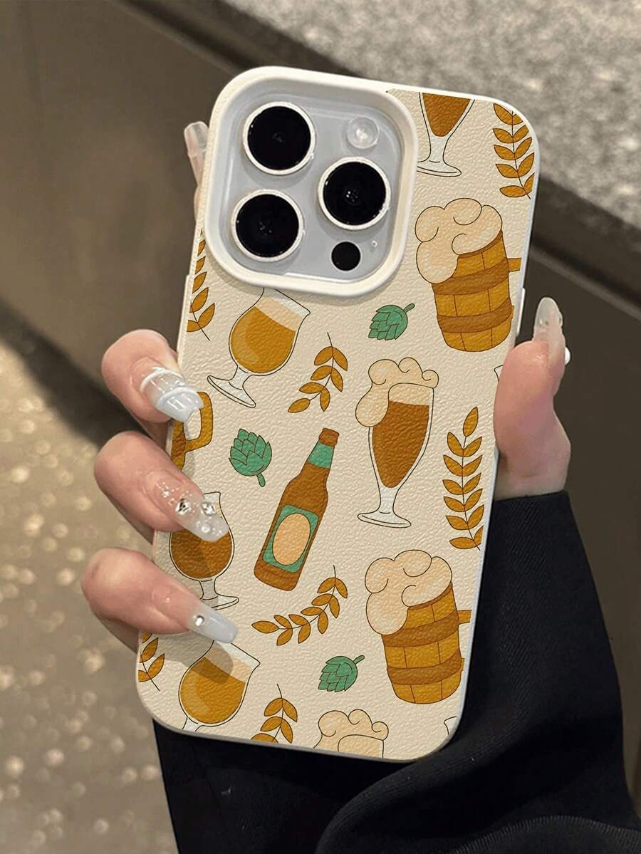 1 pieza Funda protectora suave para teléfono con textura de piel de litchi, antideslizante y a prueba de caídas, con diseño de patrón de cerveza de trigo de moda de otoño, compatible con Apple, teléfonos