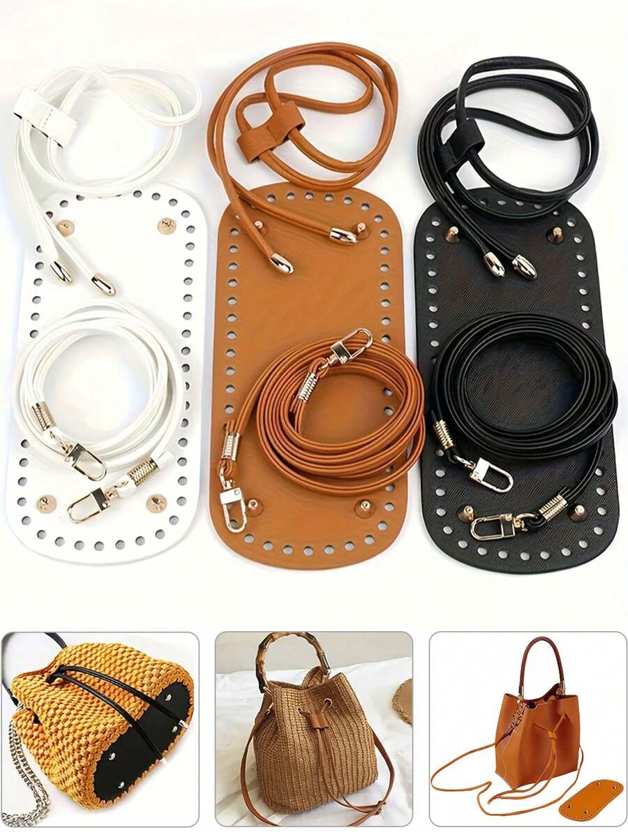 DIY钱包制作套装 - 包括预打孔水桶包底、带链条的DIY钱包制作套装、PU皮革水桶包底和肩带、带可拆卸肩带和链条的DIY钱包制作套装，适用于钩编手提包、人造革包制作、人造革包编织套装、带孔DIY手提包底部定型垫，深棕色，包含包底、弧形垫、肩带、搭扣 - 彩色 - 查看 1