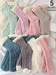 5 đôi tất cổ cao bằng vải nỉ san hô phối màu thoải mái và ấm áp cho nữ khi ngủ và đi chơi, mùa thu/đông - Nhiều màu - Xem 9