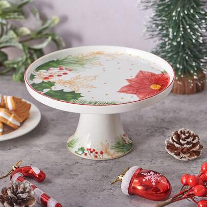 1 Set Cake Stand Suitable For Smaller Than 8 Inch Cakes, Small New Bone Porcelain Cake Stand Plate For Party, Christmas Dessert Stand For Baby Shower, Birthday, Home Decorating Stand, Ceramic Cake Stand Round Cake Display Stand Dessert Display Cupcake Stands For Cakes, Fruits, Snacks Mini Cake Stand 7.87*4.21", Christmas Flower Holly Leave Red Berries Decal, Festival And Fun