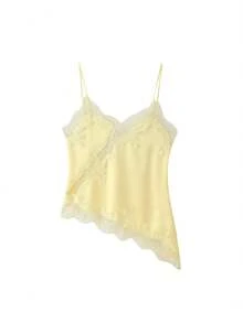 Women Satin Tops Y2K Lace Trim Camisole Asymmetrical Hem V-Neck Patchwork Tank Tops Spaghetti-Strap Backless Crop Tops Elegant Fashion Loose Cami Shirt Summer Blouse For Streetwear - 黃色 - 查看 5