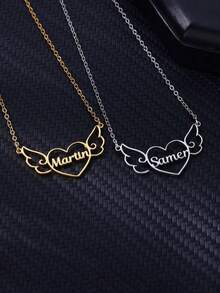 Customized Angel Wings Heart Name Necklace, Stainless Steel Personalized Necklace Pendant For Women, Unique Neck Chain Jewelry Birthday Gift - Multicolor - View 6
