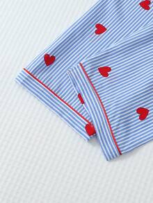 2pcs Women Striped & Heart Print Pajama Set, Long Sleeve Button Collar Top And Pants, Casual Sleepwear Homewear Suit For Autumn/Winter, Fall Clothes - Blue and White - View 7