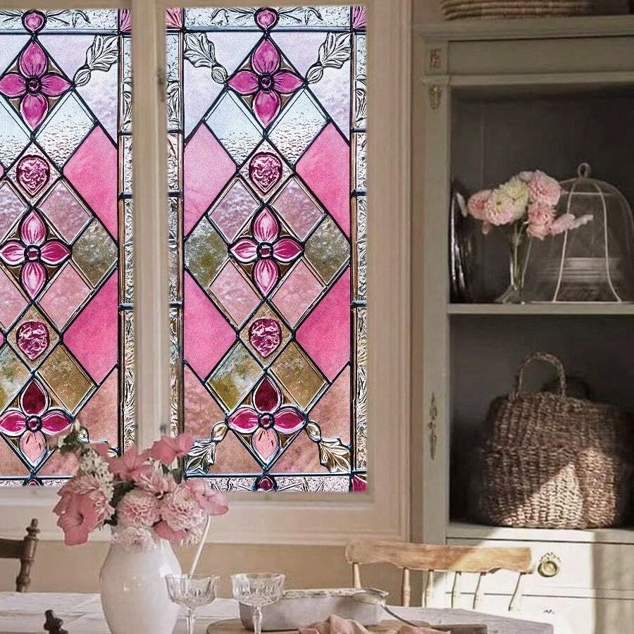 1 件全新彩色玻璃窗膜，波西米亚复古花卉和格子图案，静电玻璃贴纸保护隐私，可移除，适用于窗户、卧室、客厅、厨房墙壁装饰、房间装饰墙贴墙贴