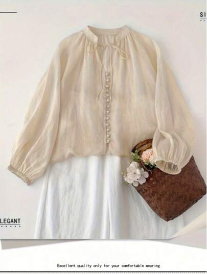 女式单排扣系带弹力袖灯笼袖轻薄防晒衬衫