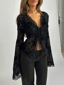 1 Stück Damen Herbst Blumen Mesh Schleife Vorne Rüschen Weite Ärmel Bluse - Schwarz - Übersicht 2