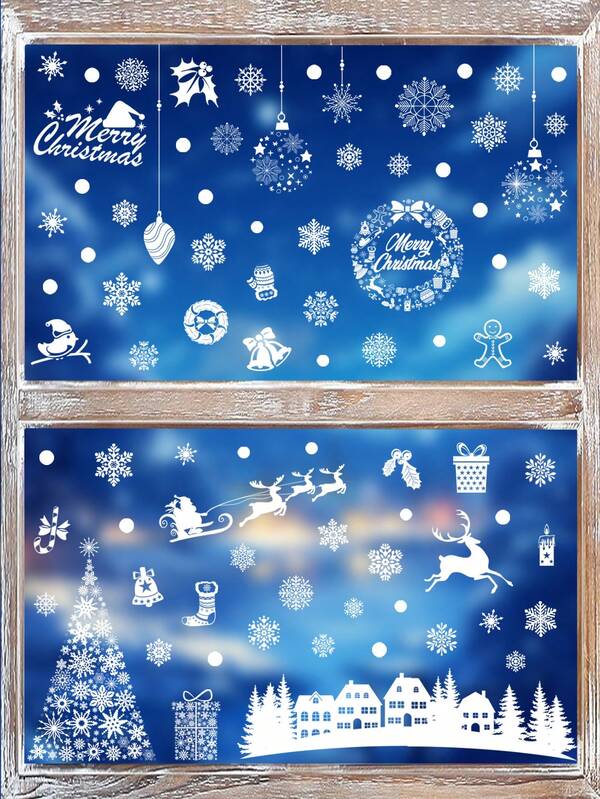 Christmas - Reusable Snowflakes, Castles, Christmas Trees, Bells, Deer, Bird Window Decorations, Static Hanging Holiday Decorations, Easy To Apply And Remove, Residue Free, Wall Mounted Outdoor Christmas Decorations.