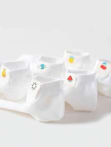 5双随机白色女士简约休闲袜子，卡通水果图案，适合日常穿着