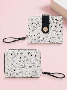 New Korean Style Folding Buckle Short Women's Wallet, Japanese Cute Cat Cartoon Integrated Card Holder, Student Bag, Zipper Coin Purse Wallet - màu đen - Xem 4