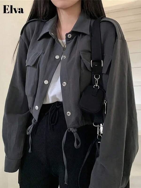 Elva Casual Baggy Street Wear Going Out Short Outerwear Women Fall Women Clothes Workwear Pockets Jacket Coat Office Communicating Women's Coats For Christmas In Autumn And Winter