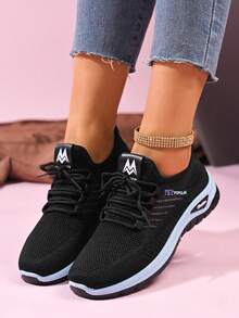 大码女士畅销百搭轻便休闲运动鞋，时尚舒适针织/系带/双色鞋底跑步鞋 - 黑色 - 查看 11