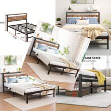 Full Bed Frame With Wood Storage HeadboardDouble Bed Frame No Box Spring Needed Strong Slats Mattr Foundation Easy Assembly Black+Brown