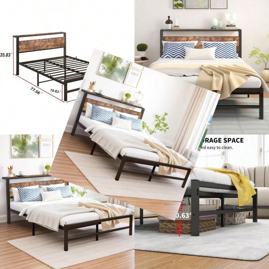 Full Bed Frame With Wood Storage HeadboardDouble Bed Frame No Box Spring Needed Strong Slats Mattr Foundation Easy Assembly Black+Brown