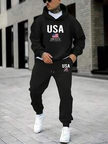 Men's AMERICA Flag 2-Piece Sweatsuit Polyester Hooded Top & Pants Set For Hiking Camping Travel Casual Outfits Warm Lightweight​ - 黑色8 - 查看 1