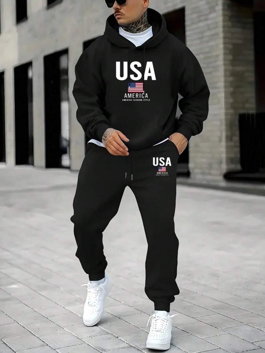 Men's AMERICA Flag 2-Piece Sweatsuit Polyester Hooded Top & Pants Set For Hiking Camping Travel Casual Outfits Warm Lightweight - 黑色8 - 查看 1