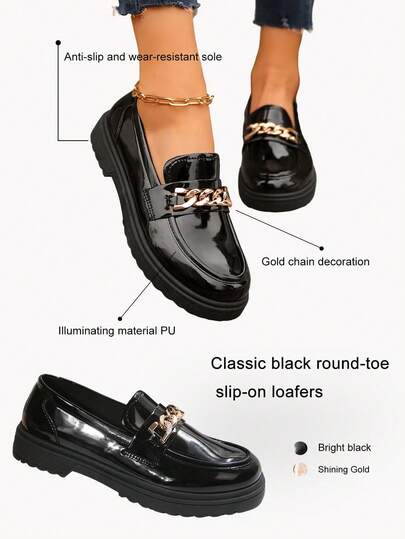 Nuove scarpe casual da donna per l'autunno/inverno, con suola spessa e comoda, in PU lucido nero versatile per uso quotidiano e pendolarismo, stile scolastico alla moda con catena decorativa, mocassini slip-on per studenti