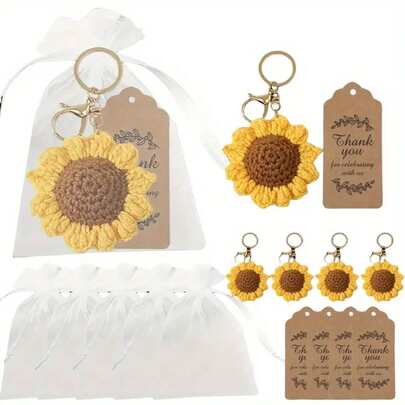 12/3 件钩针向日葵钥匙扣礼盒 - 包括手工制作的向日葵钥匙扣 + 感谢卡 + 抽绳礼品袋，适合生日派对、婚礼、万圣节、圣诞节、节日聚会，也是送给同事、员工、教师、护士、毕业典礼和周年纪念日的完美礼物