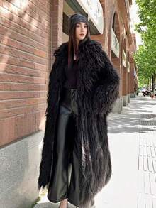 FHILLINUO Women's Elegant Faux Fur Long Coat, Loose Fit, Long Sleeve, Lapel Collar, Pockets, Classic Straight Hem, Black Winter - 多色 - 查看 4