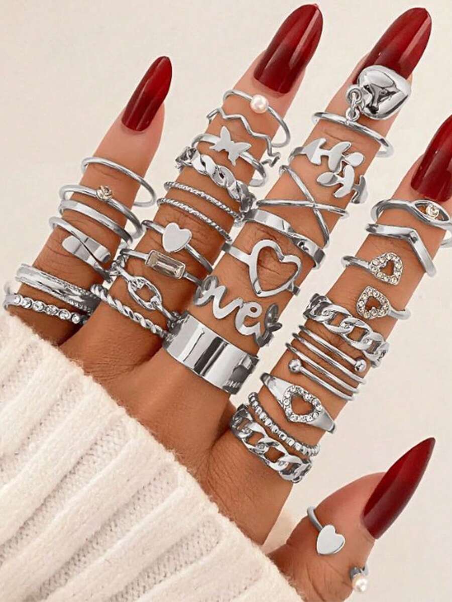 Bộ quà tặng trang sức 30 chiếc nhẫn mặt hình trái tim đính đá pha lê sang trọng cổ điển, ngọc trai, lá dành cho nữ - Bạc - Xem 1